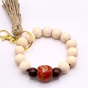 Wood Bead Wristlet Keychain Stretch Elastic Tassel Handmade